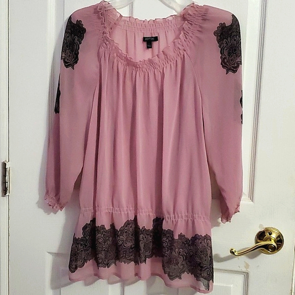 Apt. 9 Boho Romantic Mauve & Black Lace Print Blouson Top L
